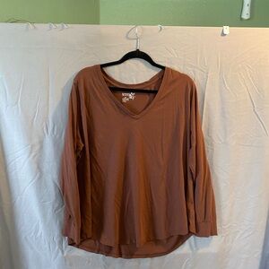 Terra & Sky Long Sleeve V-Neck Top in Rust Brown